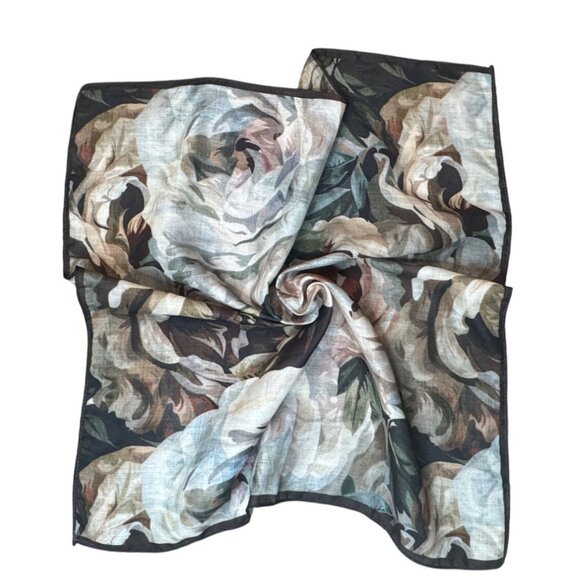 2/$30 Retro Commute Leaves Daisy Floral Olive Coffee Cream Polyester Silk Scarf - Picture 4 of 8